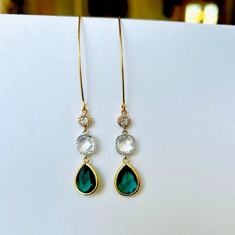 SOLD Handmade Gold Emerald Green Marquis Earrings